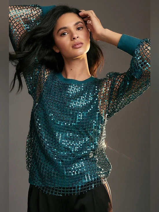 Pilcro Teal Sequin Mesh Jersey Long-Sleeve Top - Picture 5 of 16